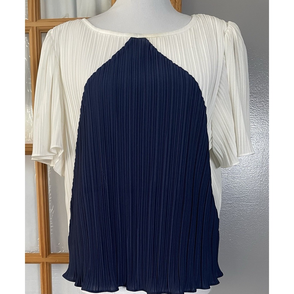 Vtg 70s Pleated Accordion Blouse Sz 16 Navy White Colorblock Career Classic City